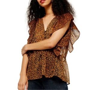 Topshop Animal Print Plissé Ruffle Top